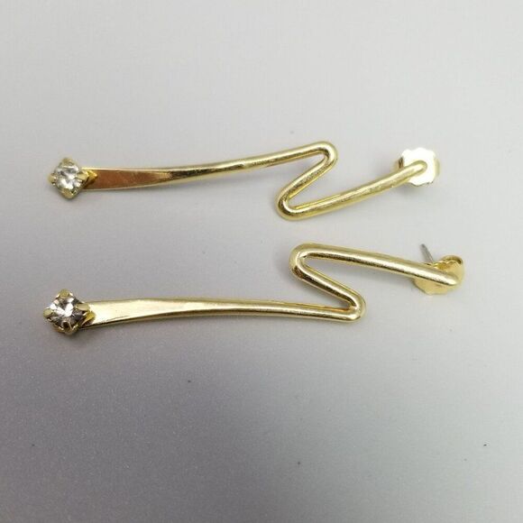 Vintage Gold Tone Zig Zag Dangle Stud Earrings, Rhinestone Accent, Retro Estate - Picture 2 of 6